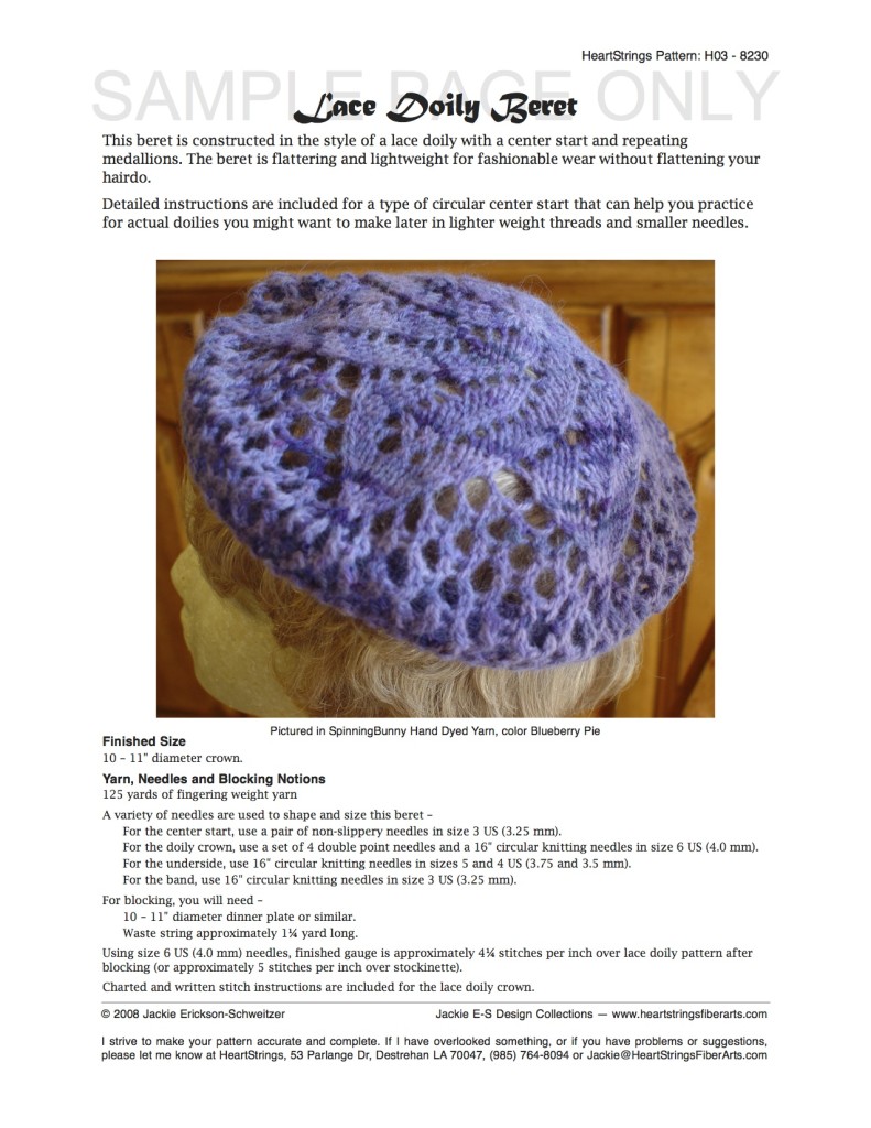 Lace Doily Beret pattern specs cover page