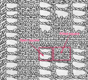 taken from filet lace schematic from Mary Thomas' Book of Knitting Patterns, page 267; annotated by Jackie E-S